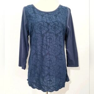 J Jill Women’s Size Medium Blue Floral Embroidered Lace Front Shirt 100% Cotton